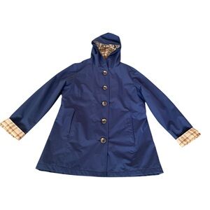 L.L. Bean Blue Hooded Rain Jacket Women’s REG Plaid Lined Water-Resistant Coat